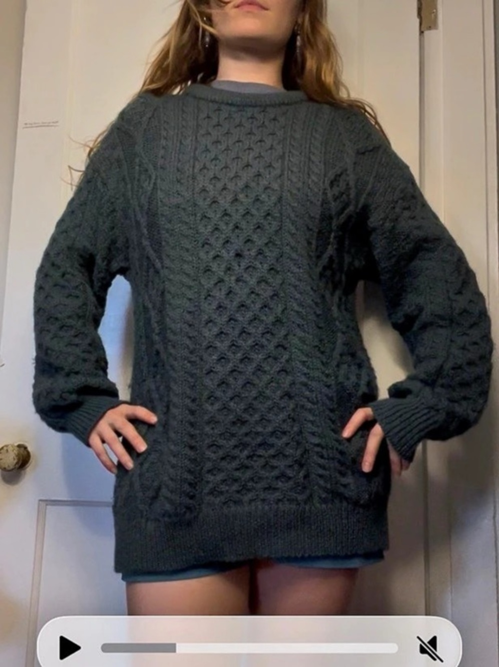 Aran Sweater Market Traditional Crew Neck Aran Sweater Gray & Blue Large
